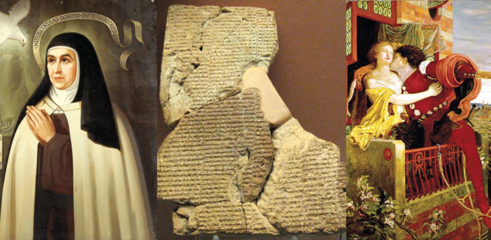 רומיאו ויוליה, ציור של פורד מדוקס בראון, 1869-1870; האפוס המסופוטמי ''אַתְרַחַסִס'' (פרט מטבלת חימר); הקדושה הספרדייה תרזה מאווילה / צילום: ויקיפדיה