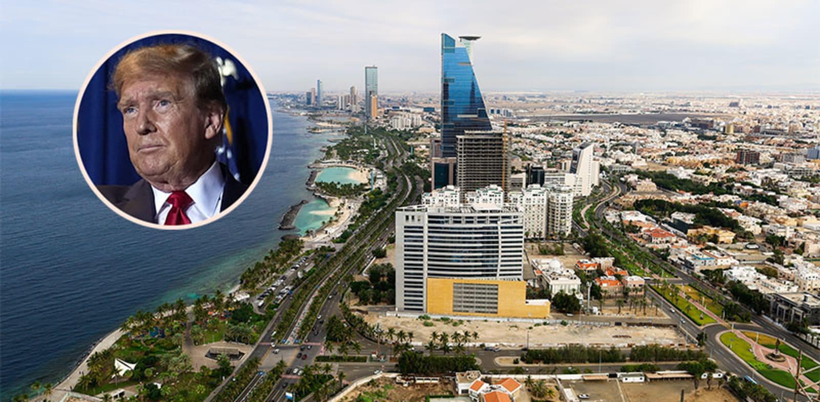  צילום: ג'דה שבה יוקם המגדל. בעיגול: דונלד טראמפ / צילומים: shutterstock, AP-Andrew Harnik