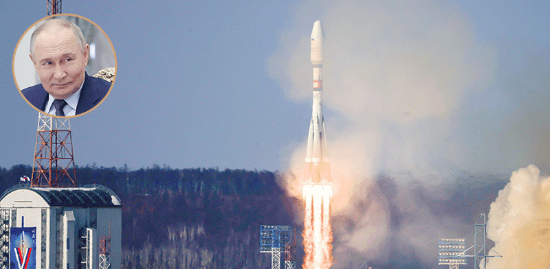 שיגור לוויין איראני בנמל החלל קוסמודרום ווסטוצ'ני ברוסיה (בעיגול: ולדימיר פוטין, נשיא רוסיה) / צילום: רויטרס - Alexander Kazakov