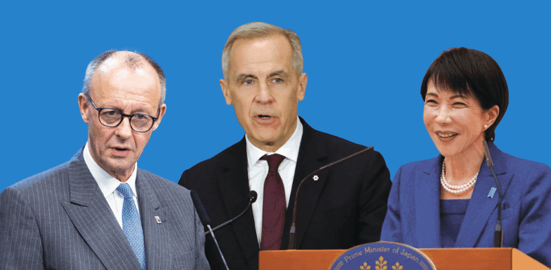 סנאה טאקאיצ'י, ראש ממשלת יפן, מארק קרני, ראש ממשלת קנדה ופרידריך מרץ, קנצלר גרמניה / צילום: Reuters, Kin Cheung/Pool, Patrick Doyle, Nicolas Economou