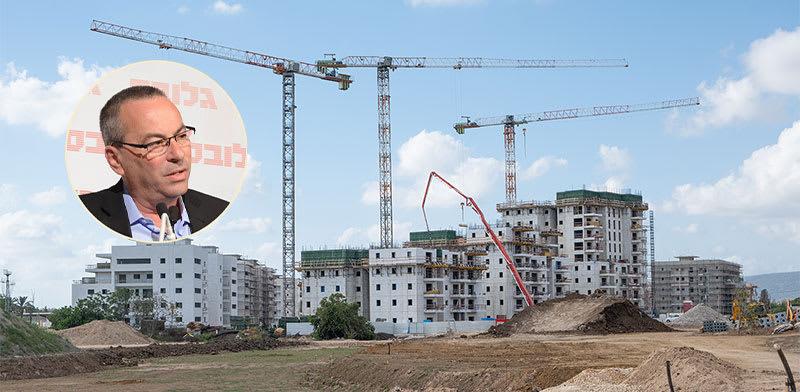 עגורנים באתר בנייה. בעיגול: נשיא התאחדות הקבלנים בוני הארץ, רוני בריק / צילום: שאטרסטוק, תמר מצפי