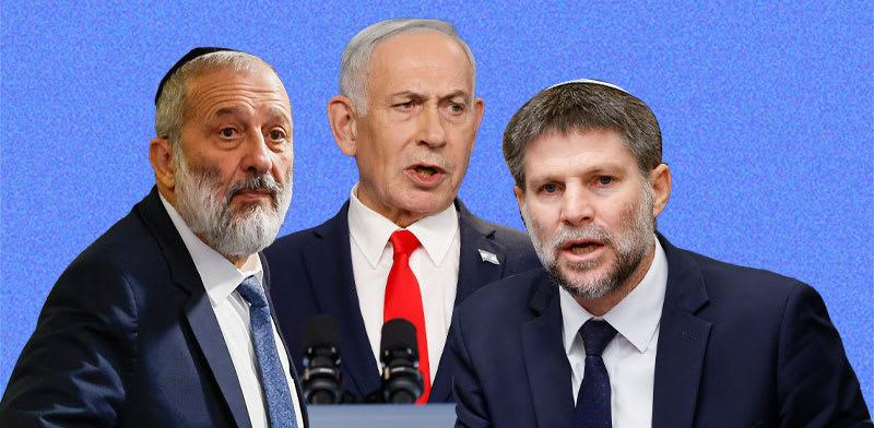 שר האוצר בצלאל סמוטריץ', ראש הממשלה בנימין נתניהו ויו''ר ש''ס אריה דרעי / צילום: נועם מושקוביץ - דוברות הכנסת, אוליביה פיטוסי - ''הארץ''