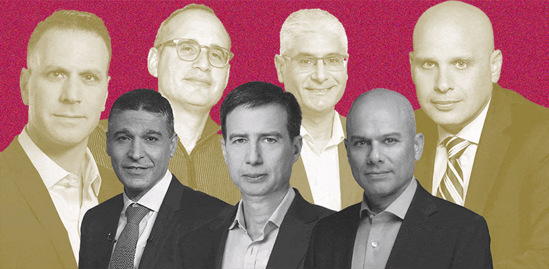 מנכלי הבנקים: ענתבי (הפועלים), פרידמן (לאומי), לארי (מזרחי). מאחורה בכירים בענף מחוץ לבנקים: הלוי(כאל), יוסף (גמא), בן זאב(הבורסה לני''ע), דואק (מניף) / צילום: ענבל מרמרי, אורן דאי, יח''צ, רמי זרנגר, נתי חדד, כדיה לוי