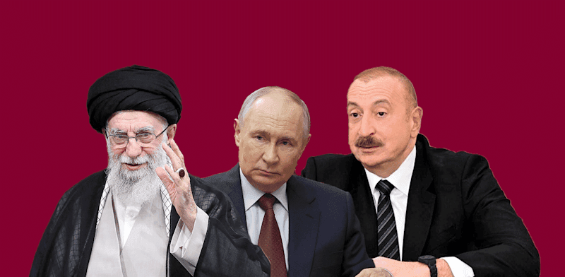 נשיא אזרבייג'ן אילהם אלייב, נשיא רוסיה ולדימיר פוטין, המנהיג העליון של איראן עלי חמינאי / צילום: ap, Mikhail Metzel, Office of the Iranian Supreme Leader, Azerbaijani Presidential Press Office נשיא אזרבייג'ן אילהם אלייב, נשיא רוסיה ולדימיר פוטין, המנהיג העליון של איראן עלי חמינאי / צילום: ap, Mikhail Metzel, Office of the Iranian Supreme Leader, Azerbaijani Presidential Press Office